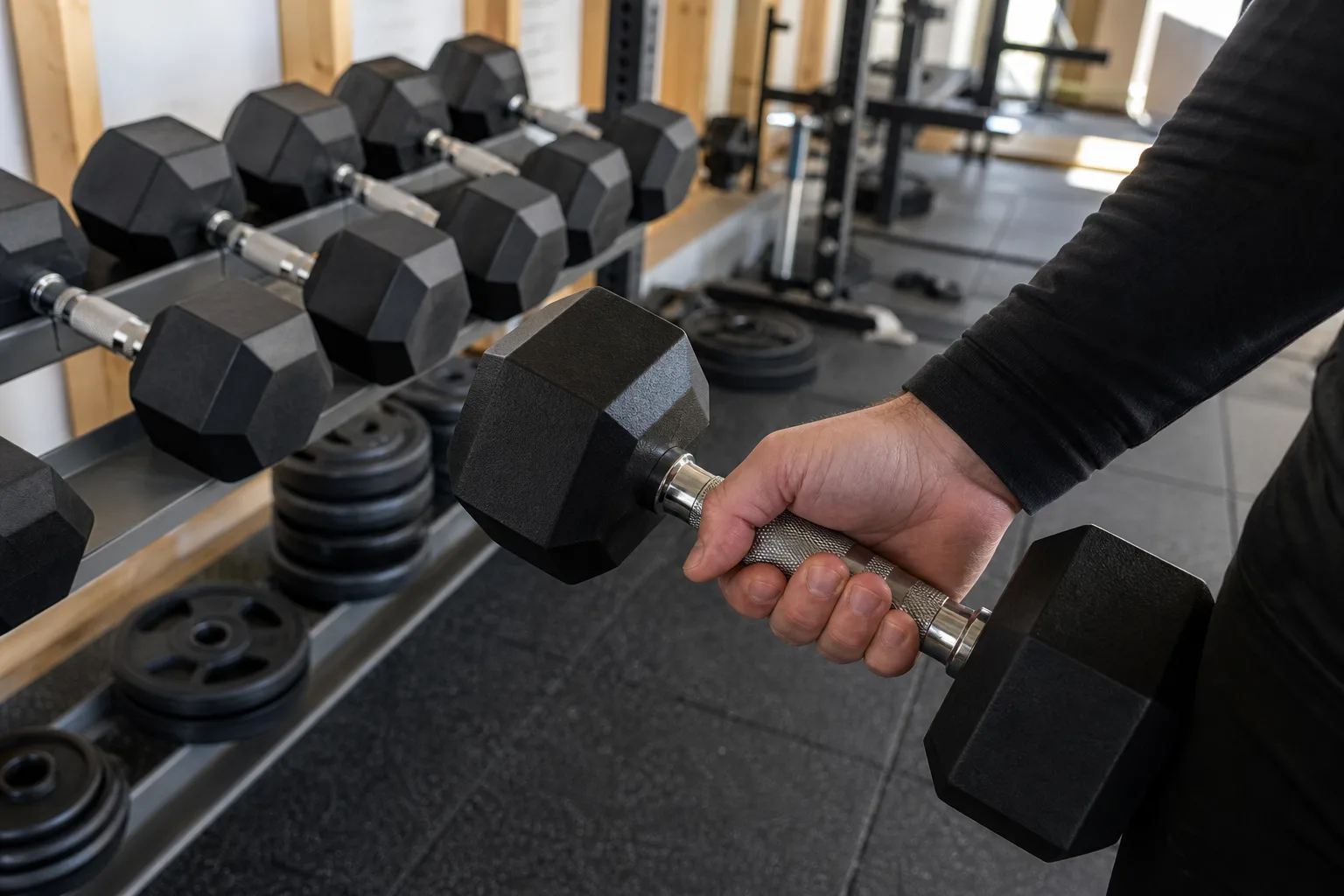 Hand känner på räfflat hantelgrepp