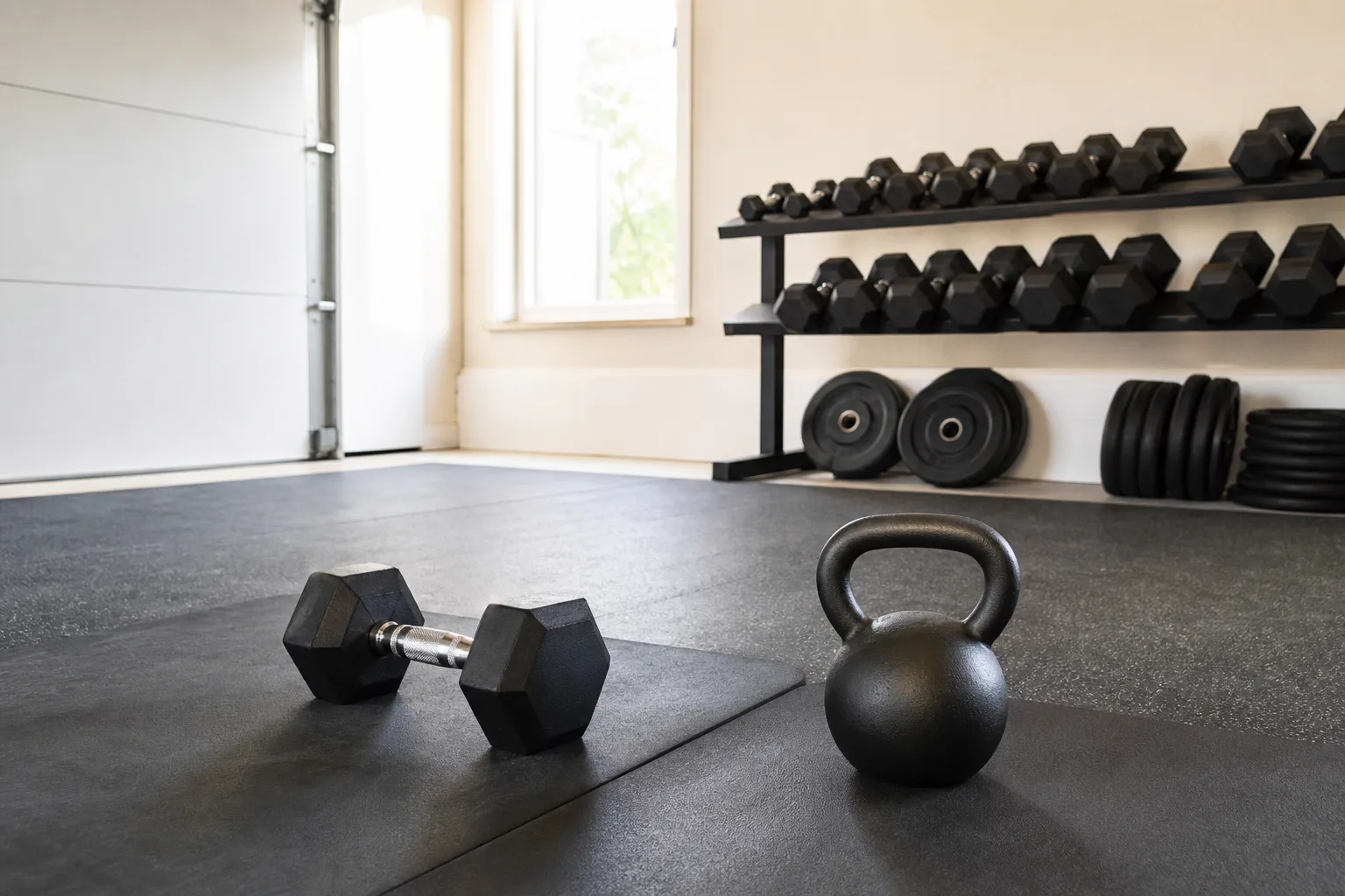 Hantel och kettlebell på träningsmattor