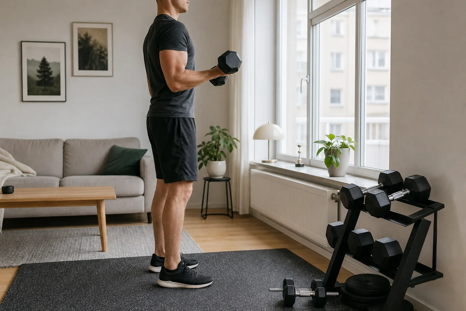 Lugn hantelcurl med armbågar nära kroppen
