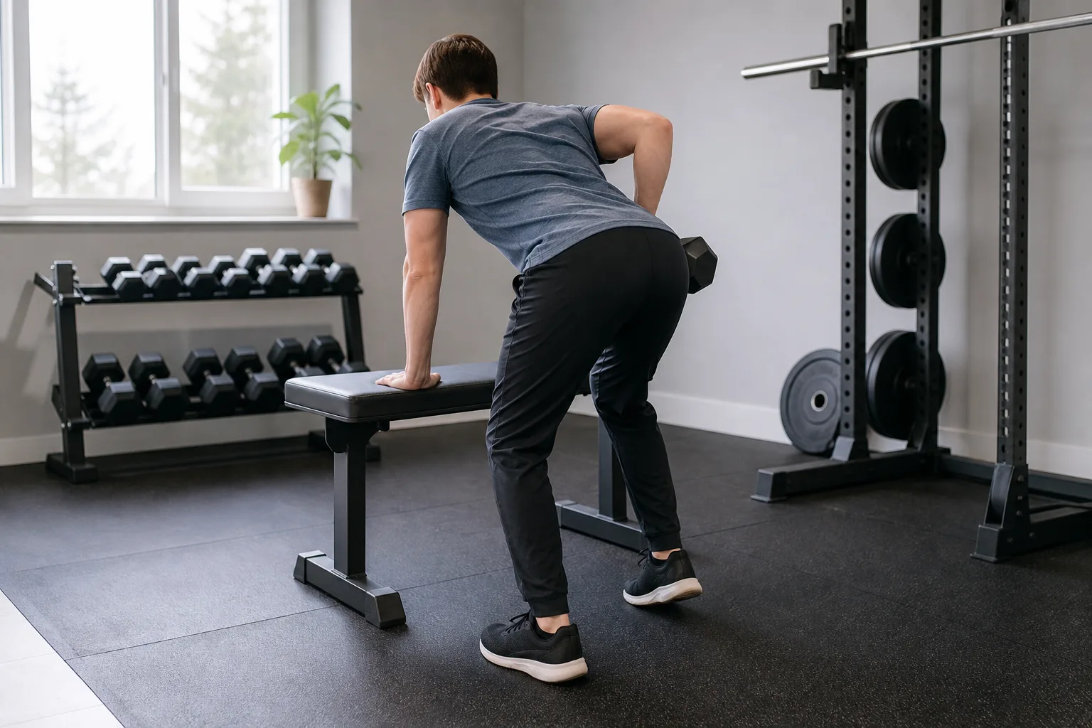 Enarmsrodd med stöd mot stadig bänk