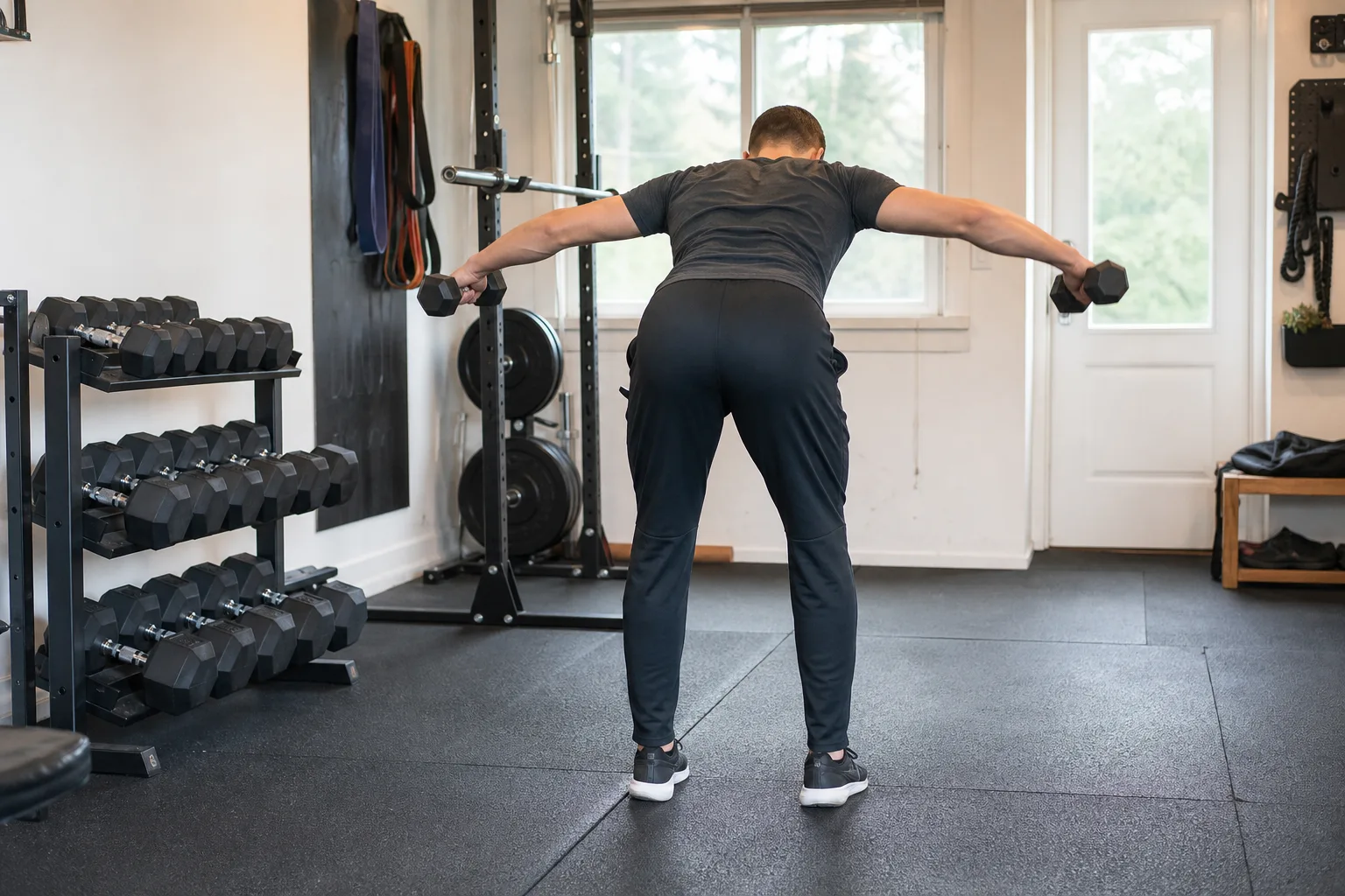 Omvända flyes med rak rygg och lätta hantlar